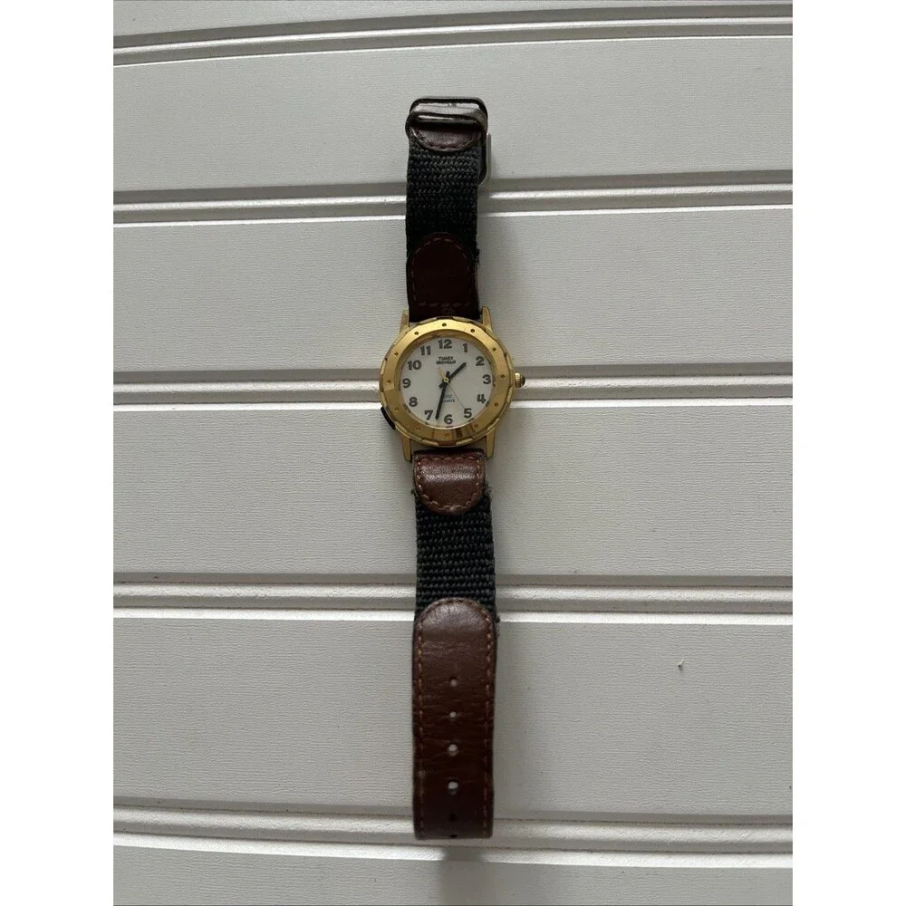 Timex Indiglo Watch Women's Vintage Analog Quartz Brown Leather Gold Tone